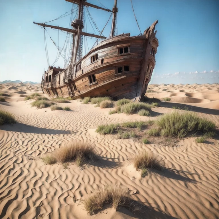 (masterpiece, best quality:1.2), a ship that is sitting in the sand, a detailed matte painting, by Andries Stock, unsplash contest winner, renaissance, photo pinterest, oldwest, taken in 2022, arabia, skeletons on a pirate ship, detailed photo 8 k, medium portrait, majestic dunes, an abandoned old, 4k 8k, low-angle shot, 4 k