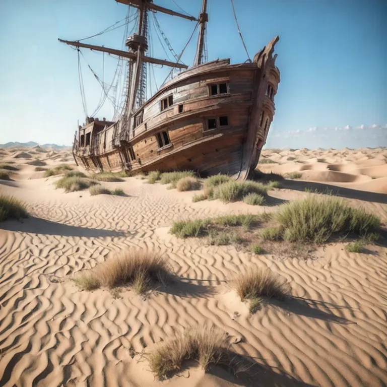 (masterpiece, best quality:1.2), a ship that is sitting in the sand, a detailed matte painting, by Andries Stock, unsplash conte...