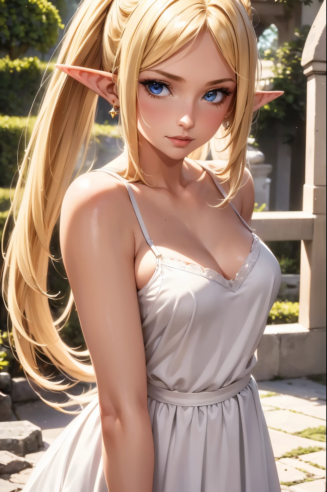 1 girl, Beautiful elf lady, blonde Long straight hair, upturn elf pointy ears, sexy figure, hot body, very beautiful face, detailed face, delicate eyes, detailed pupil, beautiful and delicate lips, blush, shy, heart, in love, white camisole long skirt, Simple and stylish, small crystal earrings, hand drawn animation, high detailed, outdoor, symmetrical clothes, best quality, masterpiece, retina,