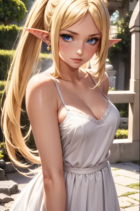 1 girl, Beautiful elf lady, blonde Long straight hair, upturn elf pointy ears, sexy figure, hot body, very beautiful face, detai...