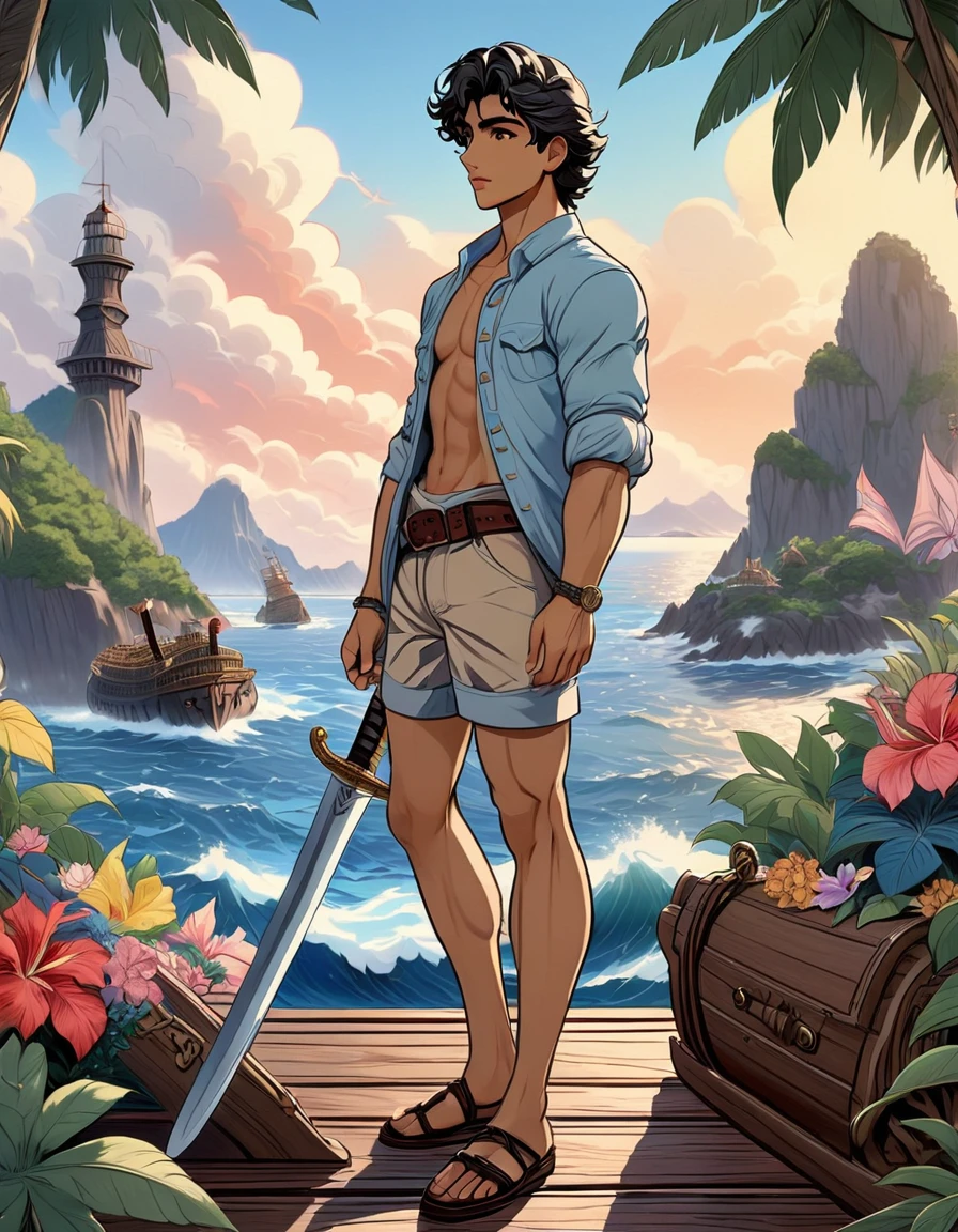 anime+hentai+yaoi style pastel color palette, symmetrical composition, ultra-detailed artistic style, oil painting, full body, perfect composition, perfect anatomy, wearing small shorts, dramatic, natural lighting, a beautiful young man, handsome, tall, perfect feet, Latino, muscles Detailed realistic, body symmetry, he is standing on the bow of a 17th century ship looking at the horizon holding a sword, in the background in the sea several tropical islands and a multicolored backpack on the ground
