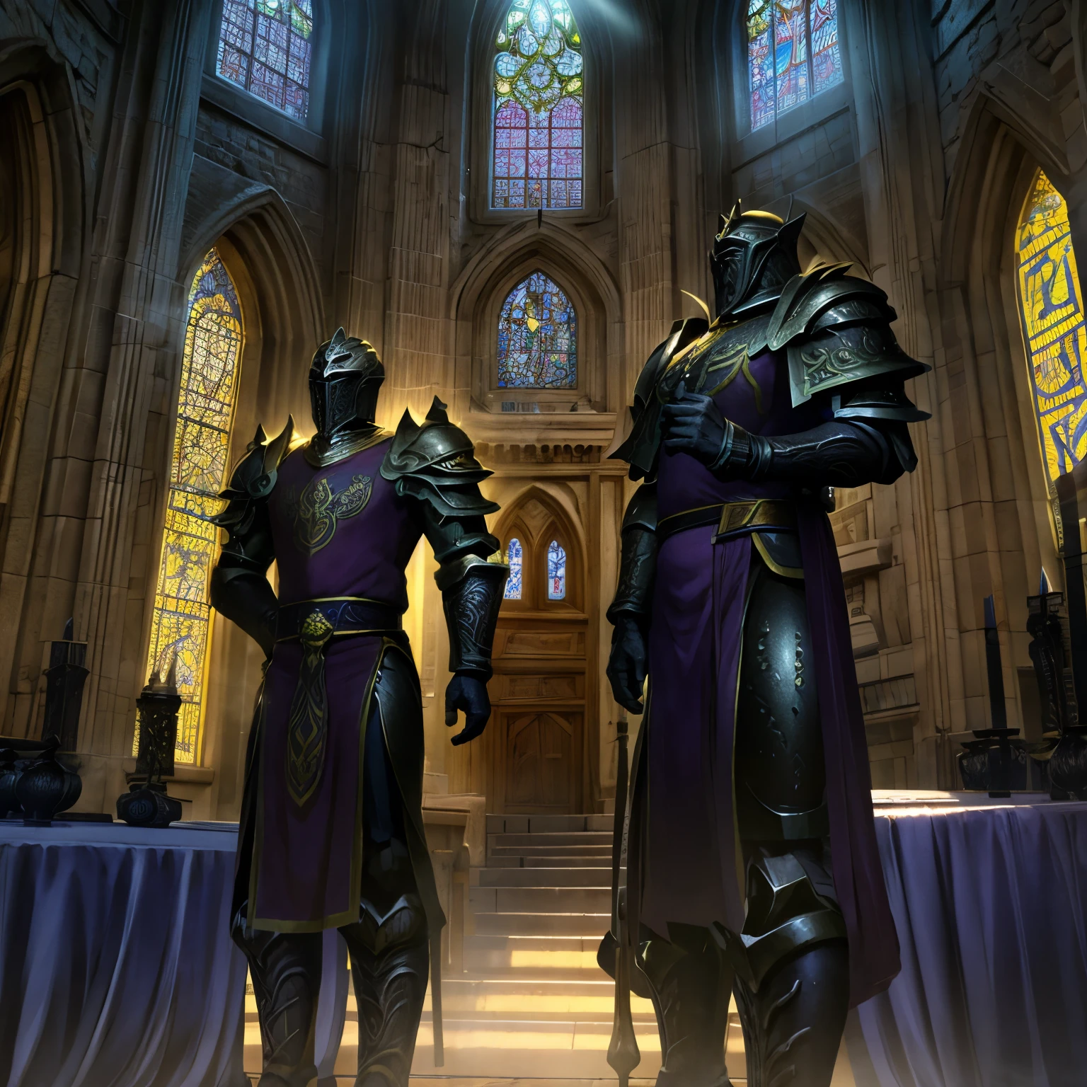 Draego,  a medieval knight in shining armor, standing in front of an altar in a large cathedral, dramatic backdrop, high contrast, wide angle lens, vibrant colors, serene, detailed intricate armor, flowing cape, determined facial expression, sunlight streaming through stained glass windows, ornate altar with candles, dramatic shadows, cinematic composition, photorealistic, 8k, hyper detailed, masterpiece