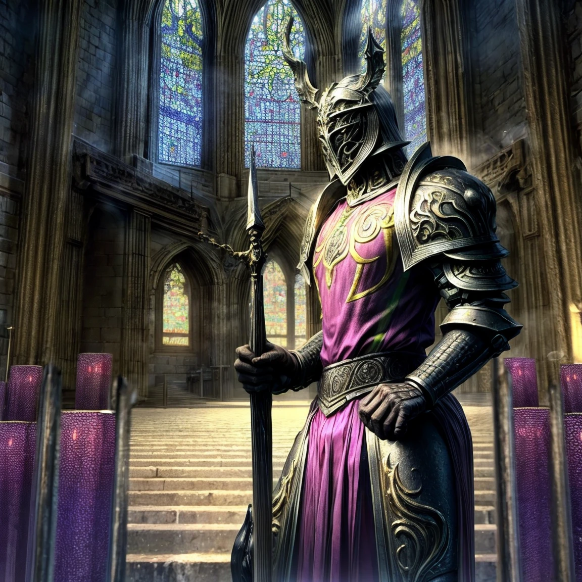 Draego,  a medieval knight in shining armor, standing in front of an altar in a large cathedral, dramatic backdrop, high contrast, wide angle lens, vibrant colors, serene, detailed intricate armor, flowing cape, determined facial expression, sunlight streaming through stained glass windows, ornate altar with candles, dramatic shadows, cinematic composition, photorealistic, 8k, hyper detailed, masterpiece