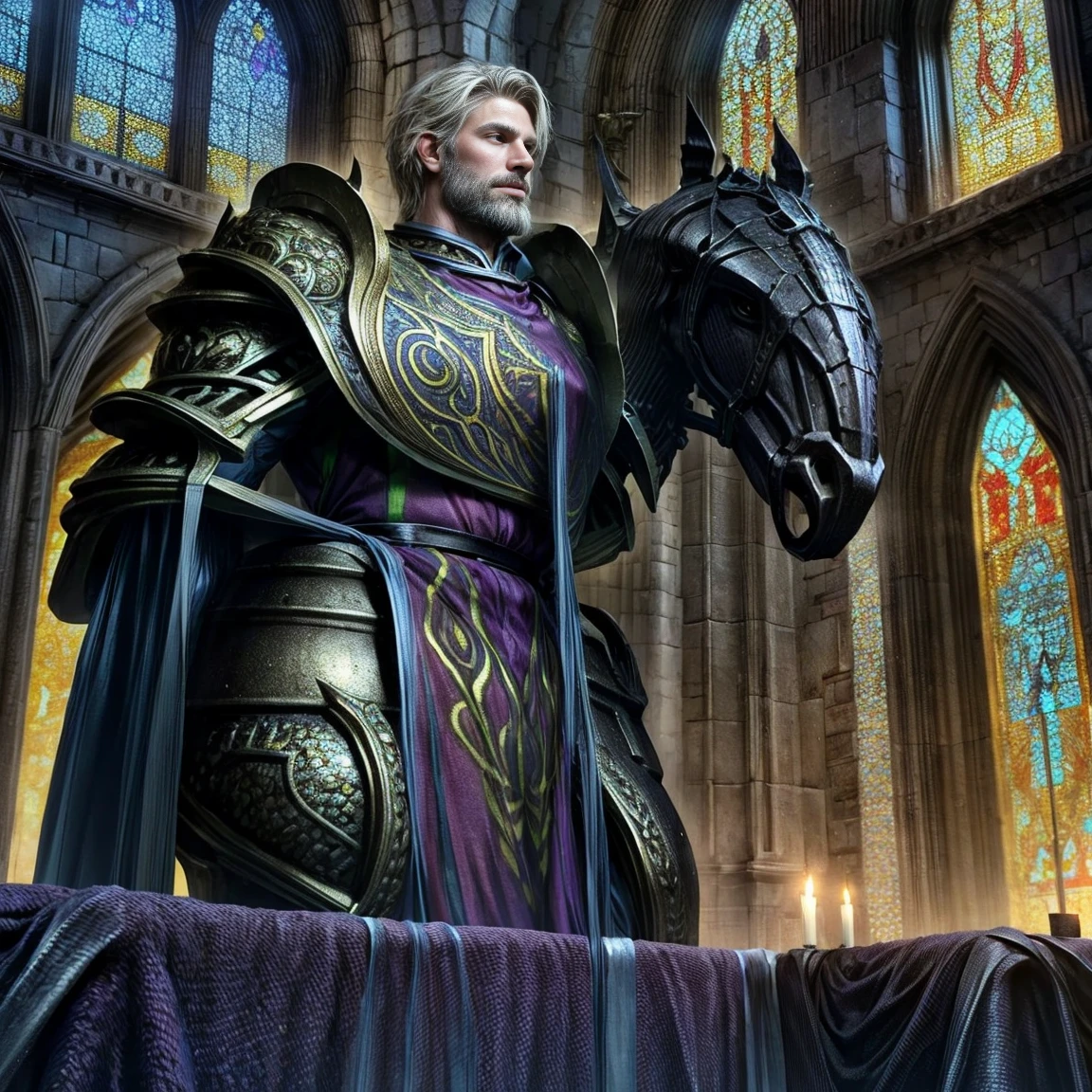 Draego,  a medieval knight in shining armor, standing in front of an altar in a large cathedral, dramatic backdrop, high contrast, wide angle lens, vibrant colors, serene, detailed intricate armor, flowing cape, determined facial expression, sunlight streaming through stained glass windows, ornate altar with candles, dramatic shadows, cinematic composition, photorealistic, 8k, hyper detailed, masterpiece