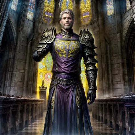 draego,  a medieval knight in shining armor, standing in front of an altar in a large cathedral, dramatic backdrop, high contras...