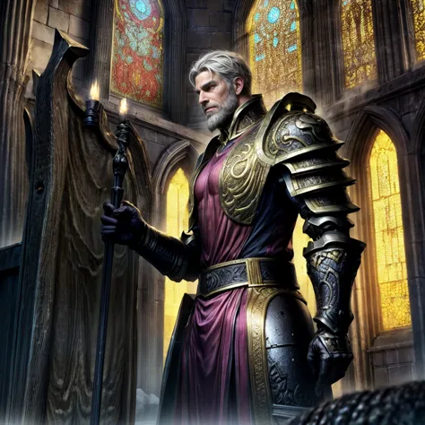 draego,  a medieval knight in shining armor, standing in front of an altar in a large cathedral, dramatic backdrop, high contras...