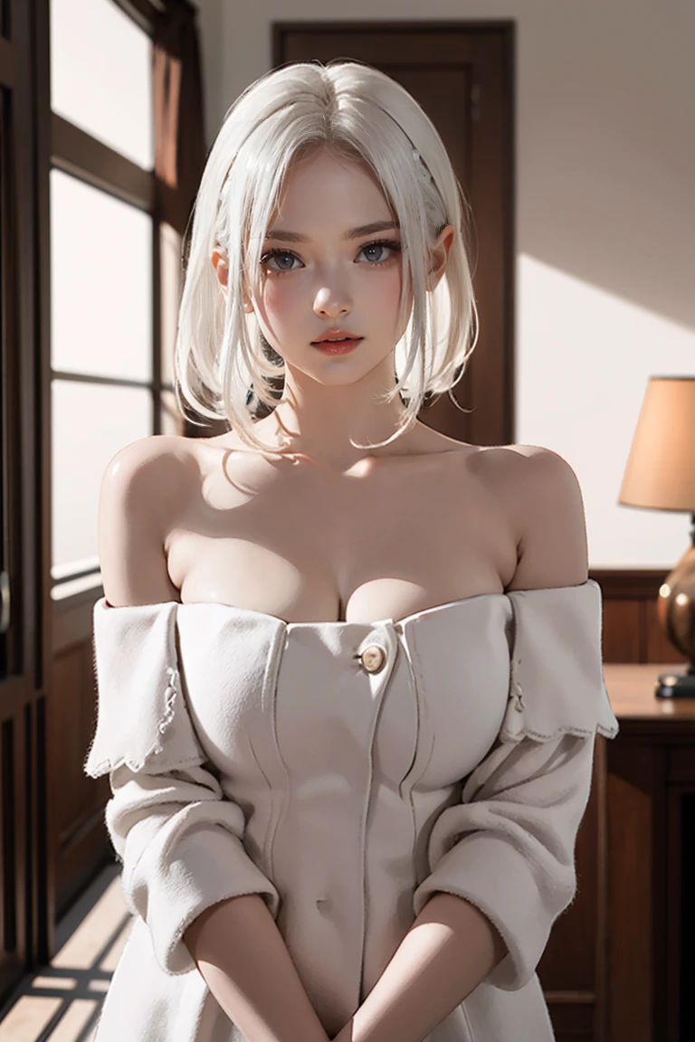 masterpiece, Warm color palette，Light of the sun，Light art，(High detail:1 1), shortage々しいface, White Hair，Off-the-shoulder clothing，Large Breasts，Natural Skin, high quality, Browsing Caution, Beautiful Eyes, (詳細なfaceと目), (face: 1 2), noise,Extra, real photography, .PSD, Lamp Film Photo, Sharp focus, Contrast lighting, Delicate skin, High resolution 8k, Very detailed, Realistically, Professional photography, 8K Ultra HD, Single-lens reflex camera, Soft Lighting, high quality, Film Grain, Fuji XT3，NSFW