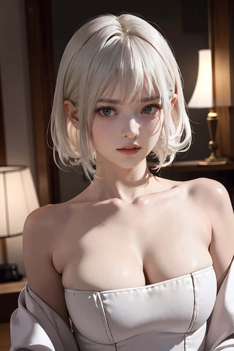 masterpiece, Warm color palette，Light of the sun，Light art，(High detail:1 1), shortage々しいface, White Hair，Off-the-shoulder clothing，Large Breasts，Natural Skin, high quality, Browsing Caution, Beautiful Eyes, (詳細なfaceと目), (face: 1 2), noise,Extra, real photography, .PSD, Lamp Film Photo, Sharp focus, Contrast lighting, Delicate skin, High resolution 8k, Very detailed, Realistically, Professional photography, 8K Ultra HD, Single-lens reflex camera, Soft Lighting, high quality, Film Grain, Fuji XT3，NSFW