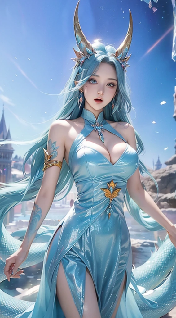 best qualityer，tmasterpiece，Ultimate resolution，downy，Extremely colorful，Colorful，palace background，A dragon girl，Royal Sister，Light blue bandeau maxi dress，huge tit，A pair of ice crystal dragon horns，（Ice blue super long hair），Ice crystal palace background，Grand，epic sense，Normal posture