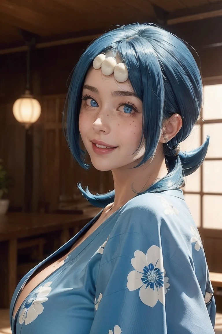 (best quality), (masterpiece), detailed, depth of field, perfect lighting, 1girl, mature female, blue eyes, blue hair, low ponytail, hair ornament, (best quality), (masterpiece), detailed, depth of field, short sleeves,  blue kimono, blue hair, upper body, freckles, huge breasts, smile