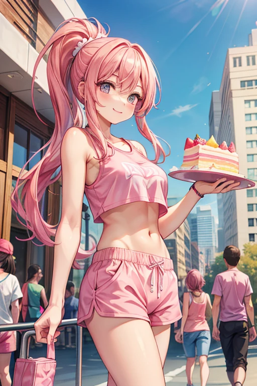 Mulher alta, caucasiana, com cabelo rosa preso em um rabo de cavalo, vestindo um top rosa, shorts rosa, e tênis rosa sorri segurando um bolo em uma mão.