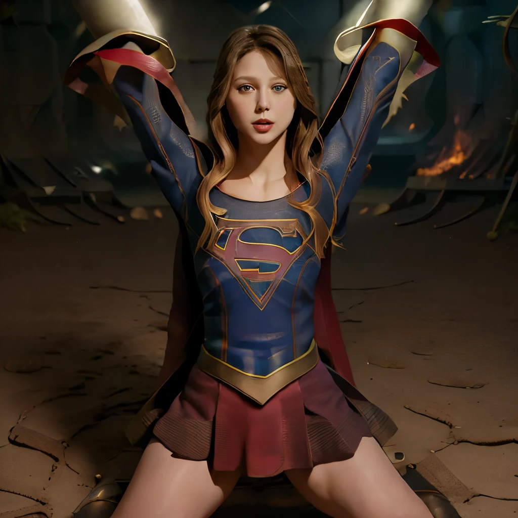 Melissa Benoist, (Accurate Supergirl suit:1.3), (Huge breasts:1.2), looking at the camera、nsfw、(X-shaped restraint:1.4)、Spread your legs、tentacles wrapped around the whole body、Thick tentacles fill the surrounding area、