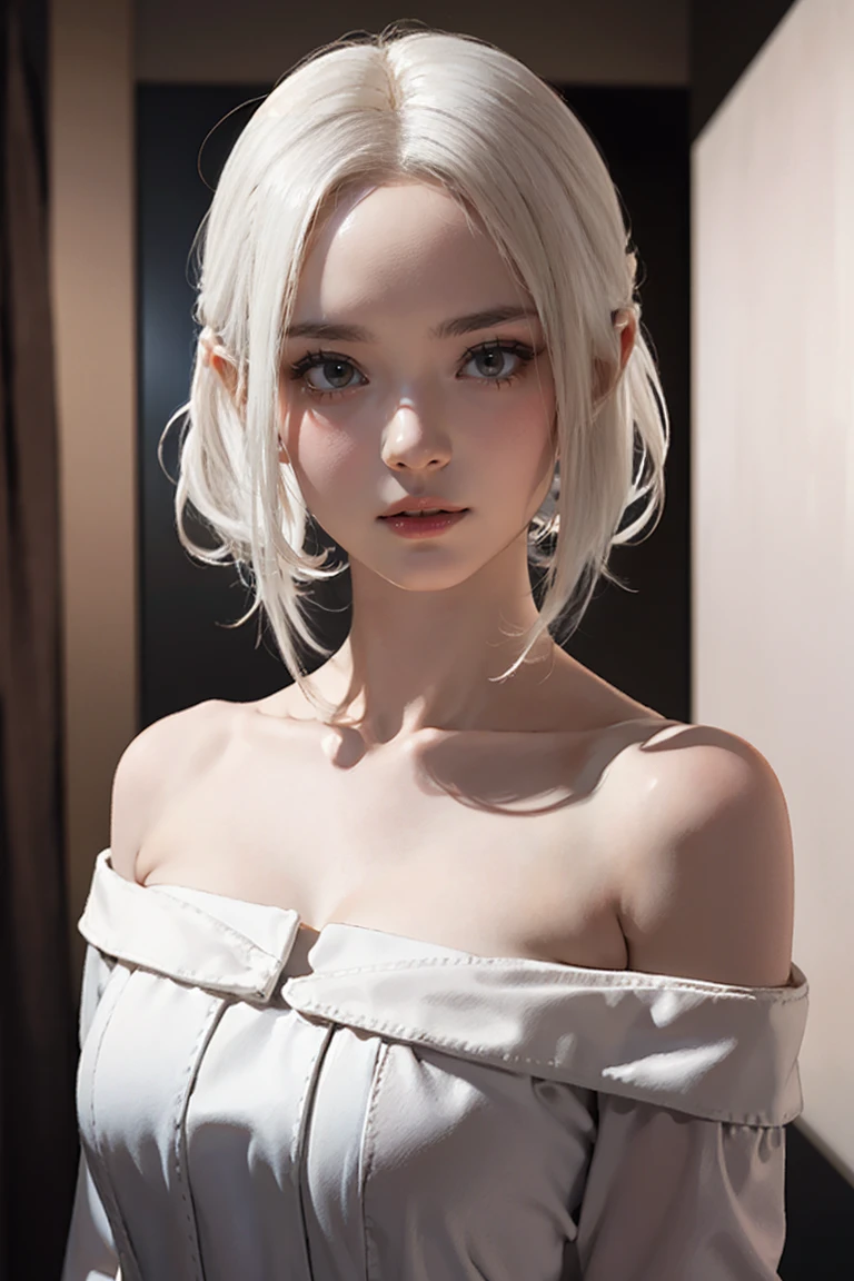 masterpiece, Warm color palette，Light of the sun，Light art，(High detail:1 1), shortage々しいface, White Hair，Off-the-shoulder clothing，Large Breasts，Natural Skin, high quality, Browsing Caution, Beautiful Eyes, (詳細なfaceと目), (face: 1 2), noise,Extra, real photography, .PSD, Lamp Film Photo, Sharp focus, Contrast lighting, Delicate skin, High resolution 8k, Very detailed, Realistically, Professional photography, 8K