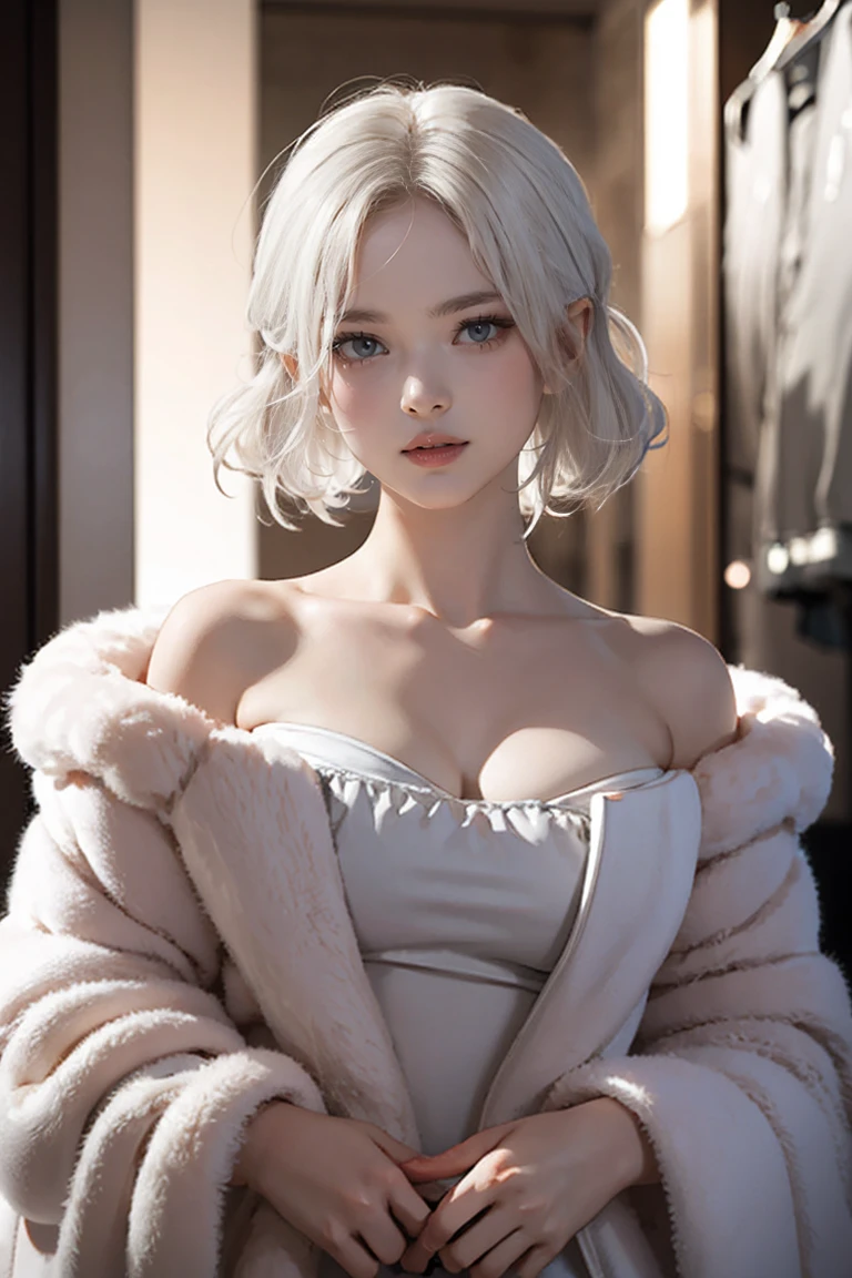 masterpiece, Warm color palette，Light of the sun，Light art，(High detail:1 1), shortage々しいface, White Hair，Off-the-shoulder clothing，Large Breasts，Natural Skin, high quality, Browsing Caution, Beautiful Eyes, (詳細なfaceと目), (face: 1 2), noise,Extra, real photography, .PSD, Lamp Film Photo, Sharp focus, Contrast lighting, Delicate skin, High resolution 8k, Very detailed, Realistically, Professional photography, 8K