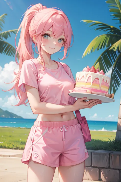 Tall caucasian woman with pink hair in a ponytail, wearing a pink tang top, pink shorts, and pink sneakers smiles holding a cake...