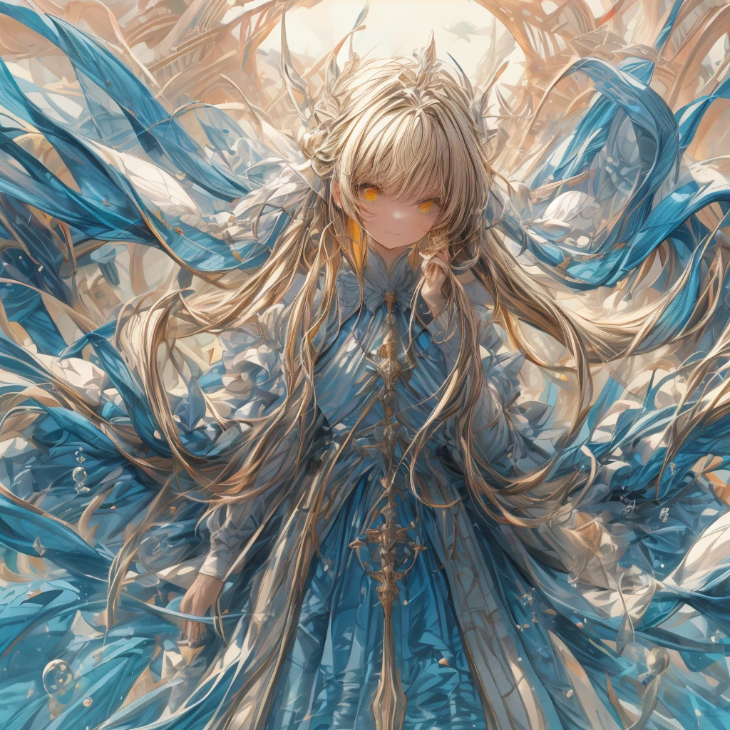 ((top-quality)), ((​masterpiece)), ((Ultra-detail)), (extremely delicate and beautiful), girl with, solo, cold attitude,((princess dress)),She is very(relax)with  the(Settled down)Looks,A blonde-haired, depth of fields,evil smile,Bubble, under the water, Air bubble,bright light yellow eyes,Inner color with blonde hair and light yellow tips,Cold background, longest Hair - Linear Art, skirting、White uniform like 、Light blue ribbon ties、Clothes are sheer 、hand praying pose