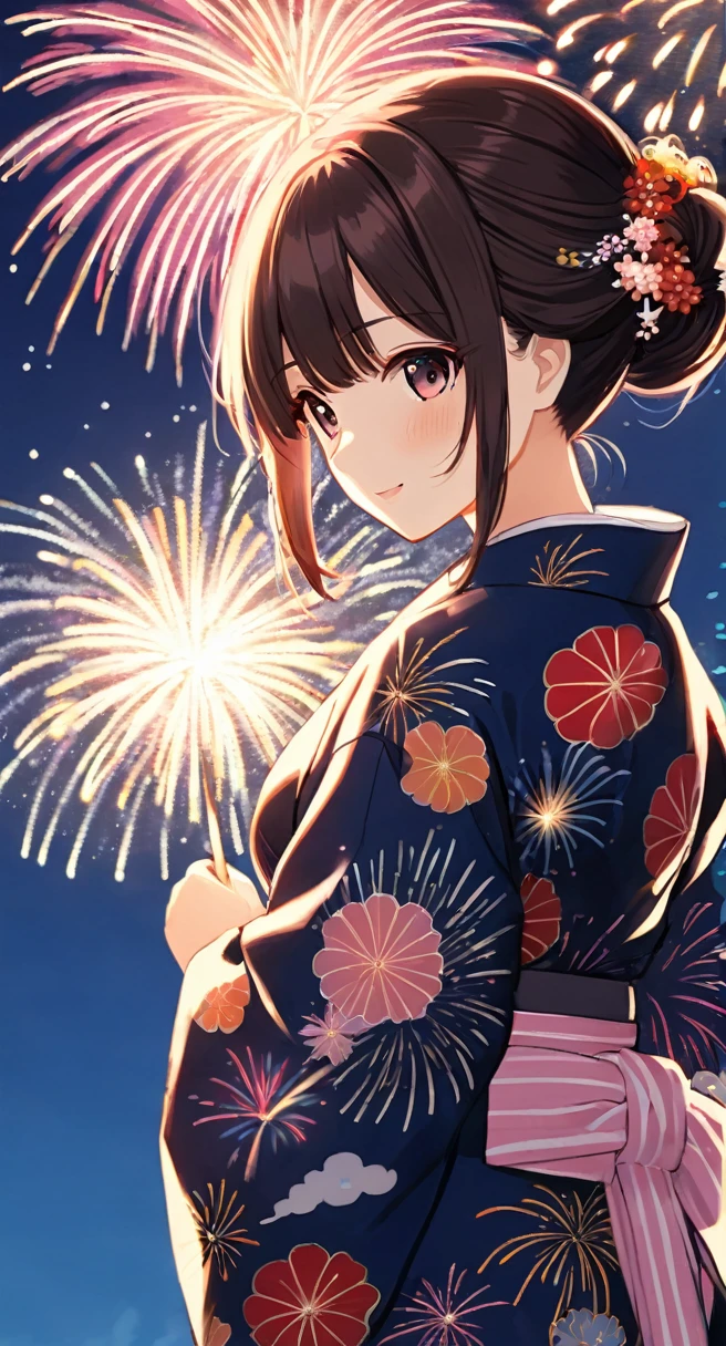 Beautiful girl wearing a yukata and fireworks