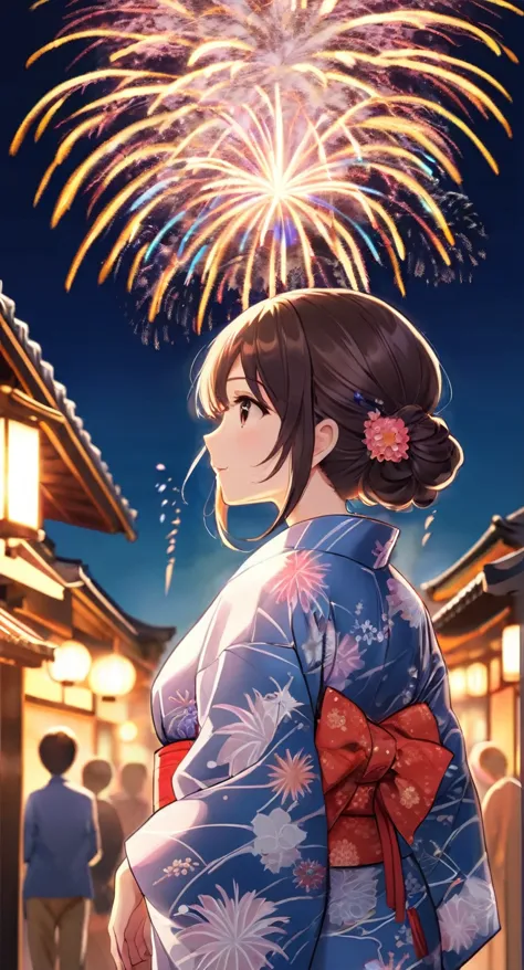 beautiful girl wearing a yukata and fireworks