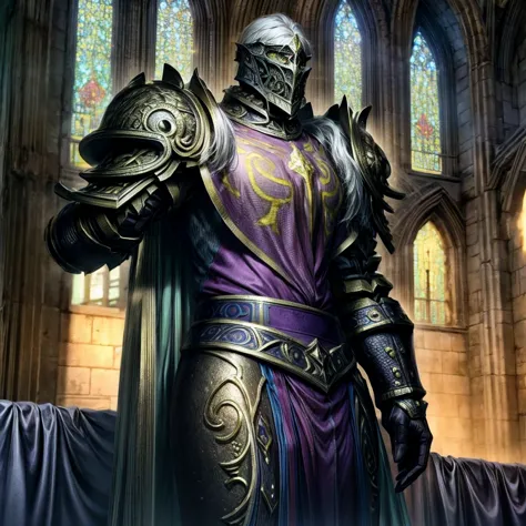 draego,  a medieval knight in shining armor, standing in front of an altar in a large cathedral, dramatic backdrop, high contras...