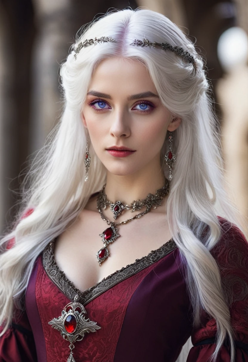 White hair fine features violet eyes, slim, with an elegant red medieval dress, a necklace of a small crow 