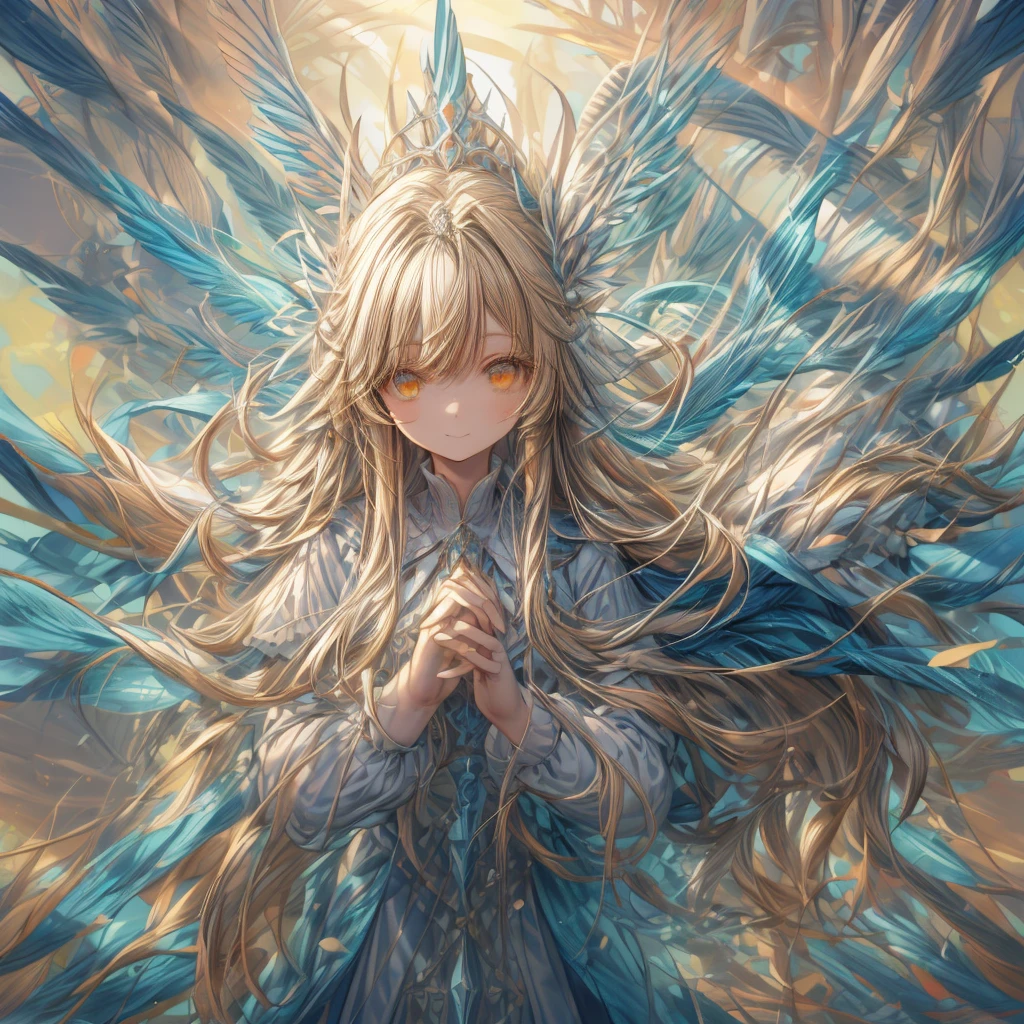 ((top-quality)), ((​masterpiece)), ((Ultra-detail)), (extremely delicate and beautiful), girl with, solo, cold attitude,((princess dress)),She is very(relax)with  the(Settled down)Looks,A blonde-haired, depth of fields,evil smile, feather, under the water, wings,bright light yellow eyes,Inner color with blonde hair and light yellow tips,Cold background, longest Hair - Linear Art, skirting、White uniform like 、Light blue ribbon ties、Clothes are sheer 、hand praying pose