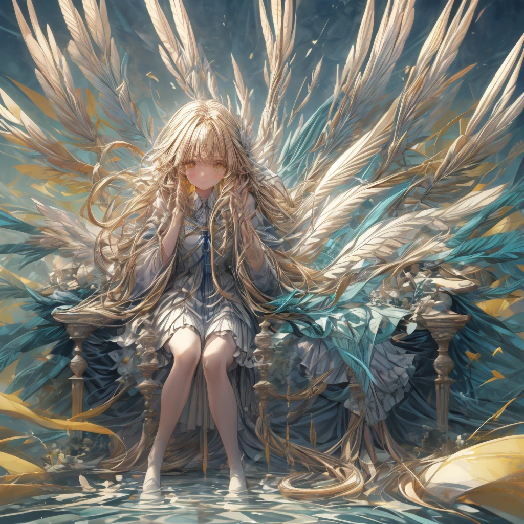 ((top-quality)), ((​masterpiece)), ((Ultra-detail)), (extremely delicate and beautiful), girl with, solo, cold attitude,((princess dress)),She is very(relax)with  the(Settled down)Looks,A blonde-haired, depth of fields,evil smile, feather, under the water, wings,bright light yellow eyes,Inner color with blonde hair and light yellow tips,Cold background, longest Hair - Linear Art, skirting、White uniform like 、Light blue ribbon ties、Clothes are sheer 、hand praying pose