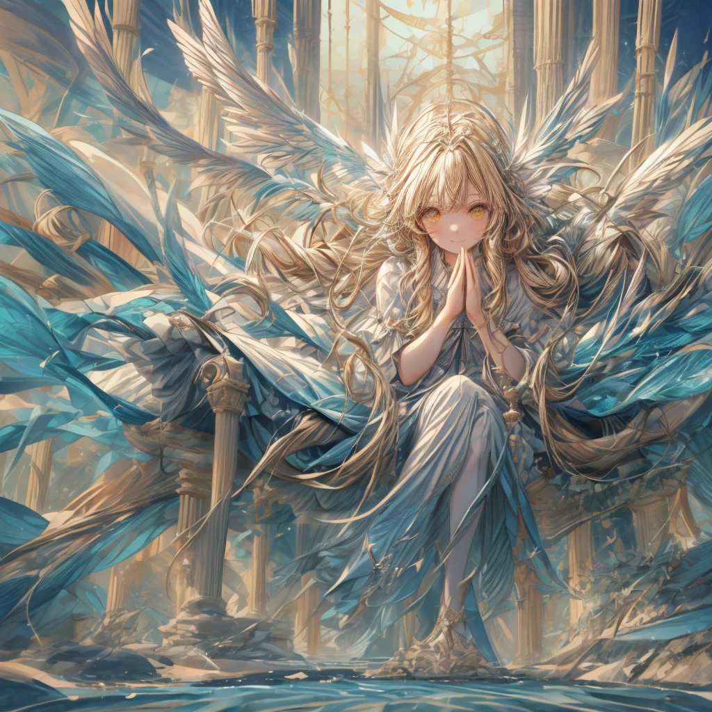 ((top-quality)), ((​masterpiece)), ((Ultra-detail)), (extremely delicate and beautiful), girl with, solo, cold attitude,((princess dress)),She is very(relax)with  the(Settled down)Looks,A blonde-haired, depth of fields,evil smile, feather, under the water, wings,bright light yellow eyes,Inner color with blonde hair and light yellow tips,Cold background, longest Hair - Linear Art, skirting、White uniform like 、Light blue ribbon ties、Clothes are sheer 、hand praying pose