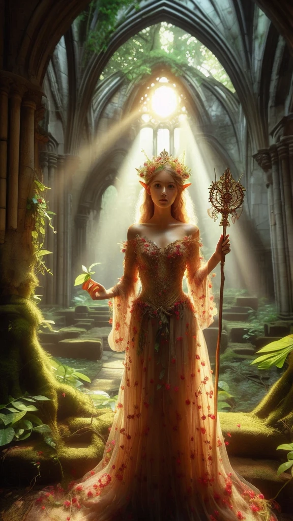 In a dappled, ancient forest ruin, an Elf Princess stands tall, her scepter raised high as beams of warm sunlight filter through the trees, casting a golden halo around her regalness. Her beautiful summer wear, enchanted clothing shimmers in the soft light covered in tiny miniature red multicolored flowers, and pea green and yellow tiny leaved vines, while lush foliage and vines surround her, creating a lush environment. The camera captures a sharp focus on the princess's face, with the rule of thirds composition placing her at the intersection of two diagonals. Shot during the golden hour, the scene exudes an ethereal mood, inviting the viewer to step into this mystical realm, fantasy, better_hands, Leonardo, Angela white, Enhance