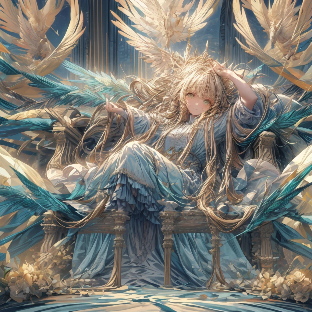 ((top-quality)), ((​masterpiece)), ((Ultra-detail)), (extremely delicate and beautiful), girl with, solo, cold attitude,((princess dress)),She is very(relax)with  the(Settled down)Looks,A blonde-haired, depth of fields,evil smile, feather, under the water, wings,bright light yellow eyes,Inner color with blonde hair and light yellow tips,Cold background, longest Hair - Linear Art, skirting、White uniform like 、Light blue ribbon ties、Clothes are sheer 、elegant praying pose