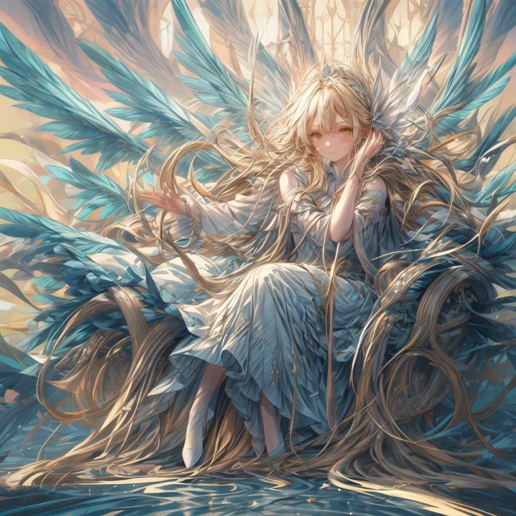 ((top-quality)), ((​masterpiece)), ((Ultra-detail)), (extremely delicate and beautiful), girl with, solo, cold attitude,((princess dress)),She is very(relax)with  the(Settled down)Looks,A blonde-haired, depth of fields,evil smile, feather, under the water, wings,bright light yellow eyes,Inner color with blonde hair and light yellow tips,Cold background, longest Hair - Linear Art, skirting、White uniform like 、Light blue ribbon ties、Clothes are sheer 、elegant praying pose