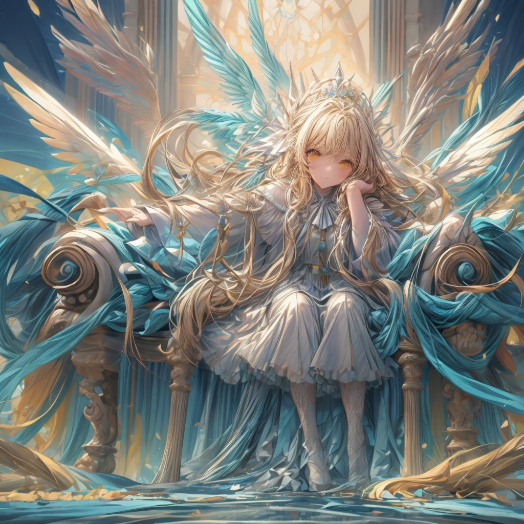 ((top-quality)), ((​masterpiece)), ((Ultra-detail)), (extremely delicate and beautiful), girl with, solo, cold attitude,((princess dress)),She is very(relax)with  the(Settled down)Looks,A blonde-haired, depth of fields,evil smile, feather, under the water, wings,bright light yellow eyes,Inner color with blonde hair and light yellow tips,Cold background, longest Hair - Linear Art, skirting、White uniform like 、Light blue ribbon ties、Clothes are sheer 、elegant praying pose