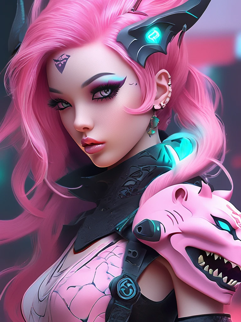 a close up of a woman with pink hair and tattoos, cyberpunk art inspired by rossdraws, trending on cg society, gothic art, demon girl, portrait of demon girl, beautiful succubus, demon anime girl, beautiful pink little alien girl, horrific digital art, pastel goth, gothic art style, gothic fantasy art, monster high makeup, trending on deviant art, full body 