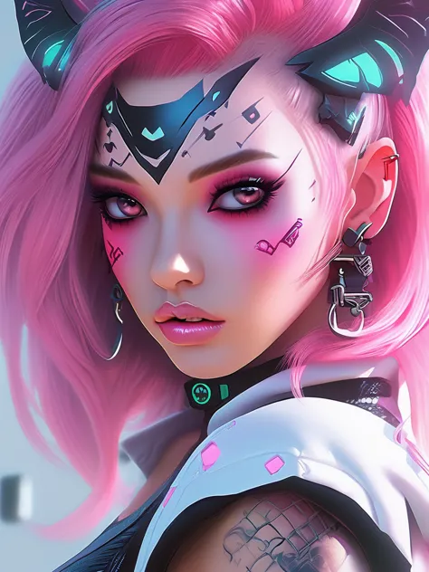 a close up of a woman with pink hair and tattoos, cyberpunk art inspired by rossdraws, trending on cg society, gothic art, demon...