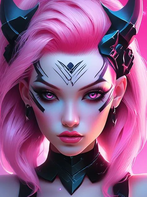 a close up of a woman with pink hair and tattoos, cyberpunk art inspired by rossdraws, trending on cg society, gothic art, demon...