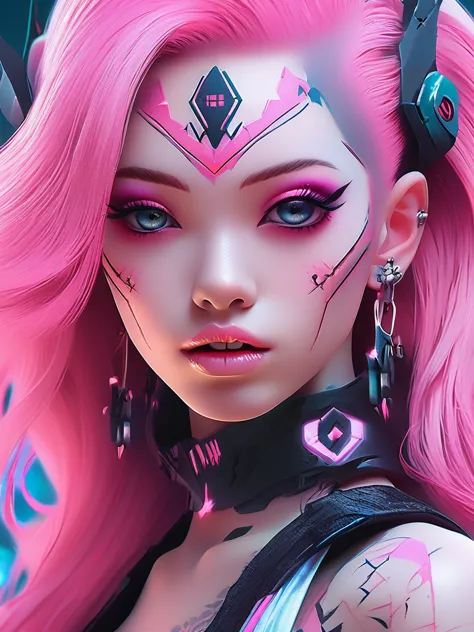 a close up of a woman with pink hair and tattoos, cyberpunk art inspired by rossdraws, trending on cg society, gothic art, demon...