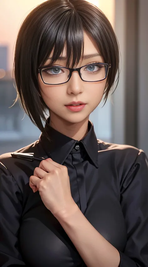 4K quality、最high qualityの傑作、Punk girl with thin glasses and a black shirt., (Heavy makeup), Blurred city background at sunrise, ...