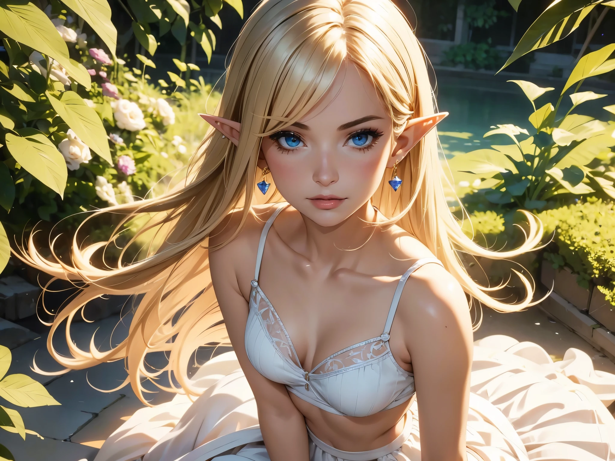 1 girl, Beautiful elf lady, blonde Long straight hair, upturn elf pointy ears, sexy figure, hot body, very beautiful face, detailed face, delicate eyes, detailed pupil, beautiful and delicate lips, blush, shy, heart, in love, white camisole long skirt, Simple and stylish, small crystal earrings, hand drawn animation, high detailed, outdoor, symmetrical clothes, best quality, masterpiece, retina, 8k, highres