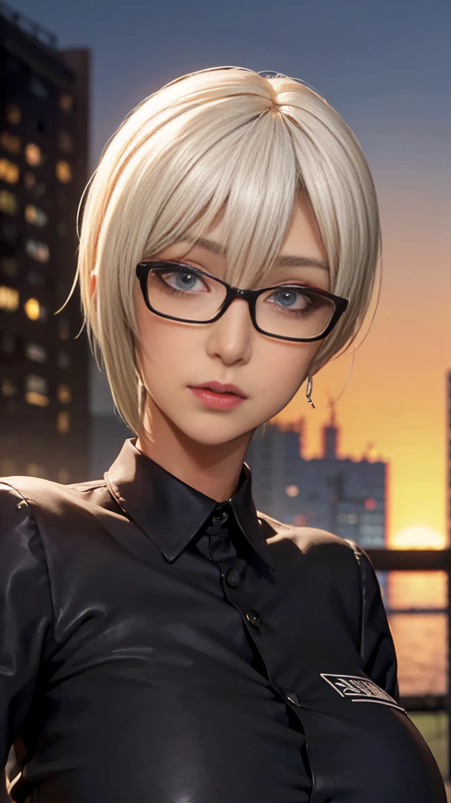 4K quality、The best high quality masterpiece、Punk girl with thin glasses and a black shirt., (Heavy makeup), Blurred city background at sunrise, short hair, detailed face, high quality, high resolution、(full shot:1.8), big breasts、