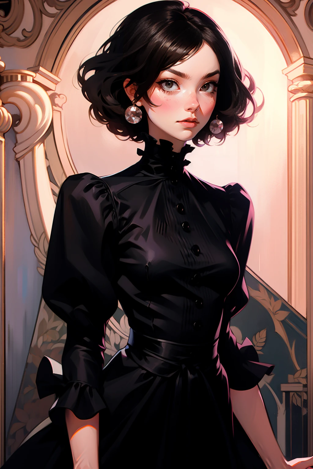 {-erro_de_anatomia:1.0} woman 30 years old, black victorian dress, brown eyes, black hair, short hair, bang, 1968s style, on the saloon, baile, looking at viwer