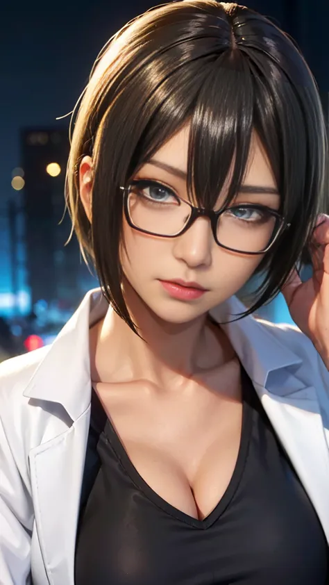 4K quality、最high qualityの傑作、Punk girl with thin glasses and a black shirt., (Heavy makeup), Blurred city background at sunrise, ...