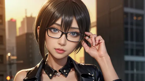 4K quality、最high qualityの傑作、Punk girl with thin glasses and a black shirt., (Heavy makeup), Blurred city background at sunrise, ...