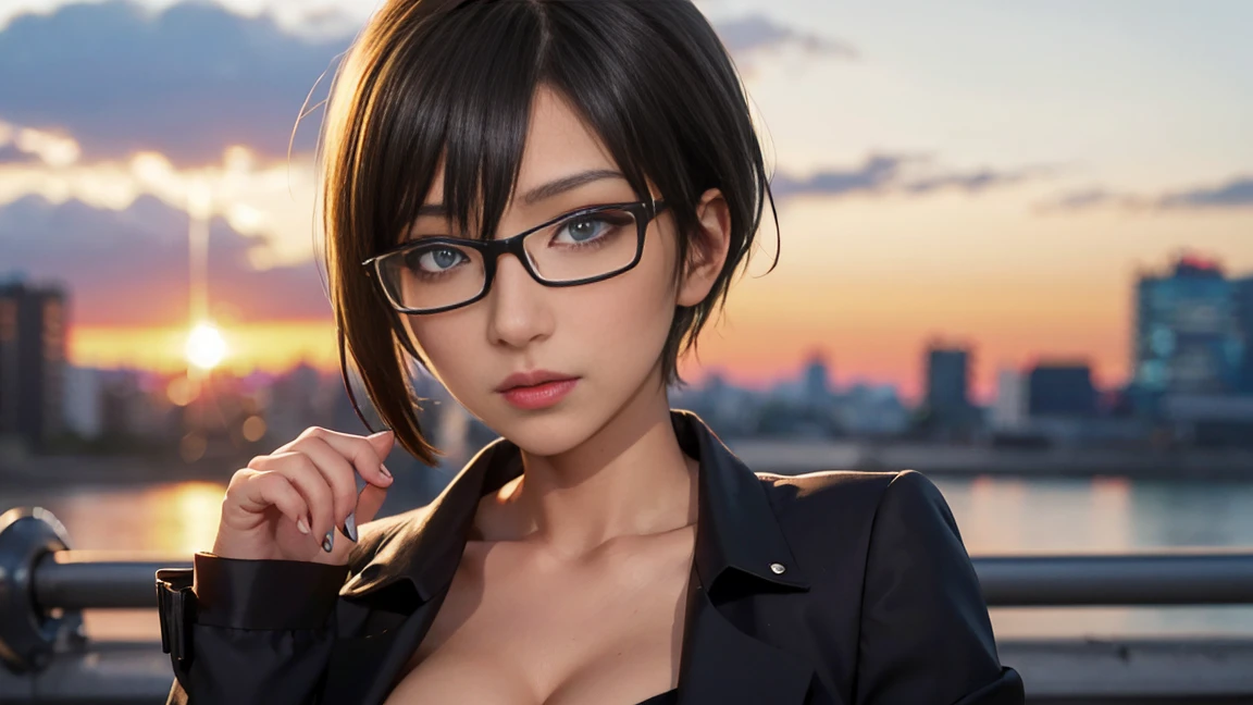 4K quality、The best high quality masterpiece、Punk girl with thin glasses and a black shirt., (Heavy makeup), Blurred city background at sunrise, short hair, detailed face, high quality, high resolution、(full shot:1.8), big breasts、