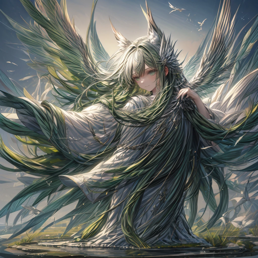 ((top-quality)), ((​masterpiece)), ((Ultra-detail)), (extremely delicate and beautiful), girl with, solo, cold attitude,((king costume)),he is very(relax)with  the(Settled down)Looks,A black-haired, depth of fields,evil smile, feather, under the water, wings,bright light green eyes,Inner color with dark hair and light green tips,Cold background, wolf Hair - Linear Art, pants、White uniform like 、Light、Clothes are sheer 、elegant pose