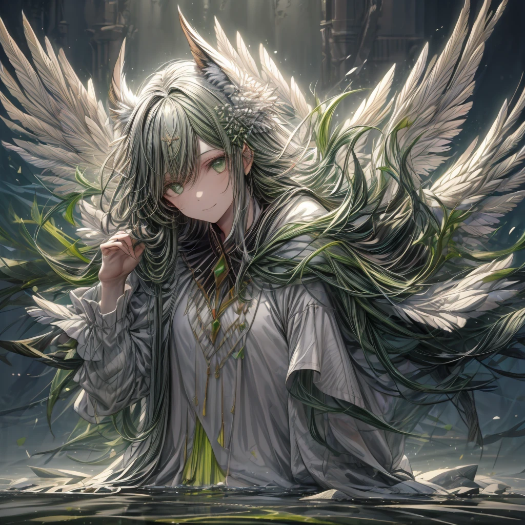 ((top-quality)), ((​masterpiece)), ((Ultra-detail)), (extremely delicate and beautiful), girl with, solo, cold attitude,((king costume)),he is very(relax)with  the(Settled down)Looks,A black-haired, depth of fields,evil smile, feather, under the water, wings,bright light green eyes,Inner color with dark hair and light green tips,Cold background, wolf Hair - Linear Art, pants、White uniform like 、Light、Clothes are sheer 、elegant pose