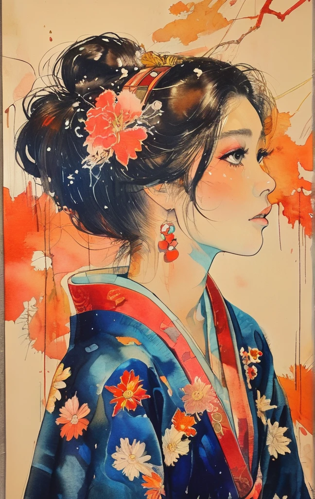 Une femme en kimono attendant son amour. Elle peut à peine rester immobile, s&#39;inquiéter pour son proche parti à la guerre.(aquarelle) (contour flou) (Couleurs vives) (Lignes super délicates) (chef-d&#39;œuvre) (ambiance fantastique) (Très haute qualité) (Peinture avec effet tridimensionnel)