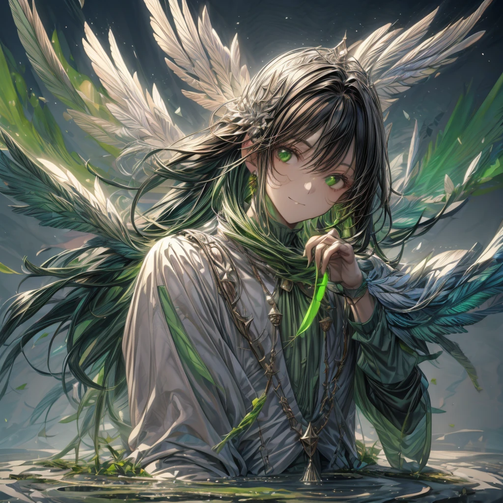 ((top-quality)), ((​masterpiece)), ((Ultra-detail)), (extremely delicate and beautiful), man with, solo, cold attitude,((king costume)),he is very(relax)with  the(Settled down)Looks,A black-haired, depth of fields,evil smile, feather, under the water, wings,bright light green eyes,Inner color with dark hair and light green tips,Cold background, short Hair - Linear Art, pants、White uniform like 、Light、Clothes are sheer 、elegant pose