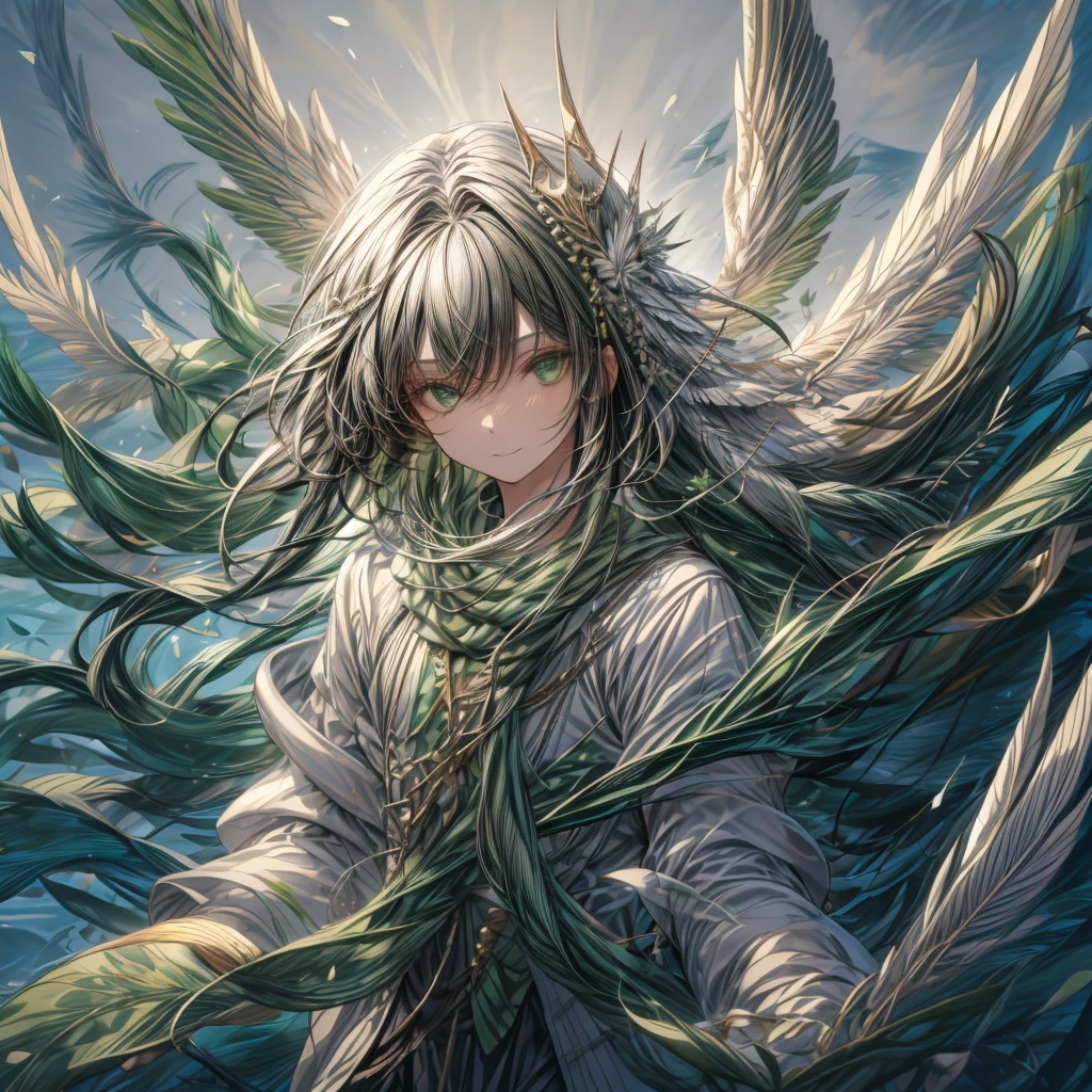 ((top-quality)), ((​masterpiece)), ((Ultra-detail)), (extremely delicate and beautiful), man with, solo, cold attitude,((king costume)),he is very(relax)with  the(Settled down)Looks,A black-haired, depth of fields,evil smile, feather, under the water, wings,bright light green eyes,Inner color with dark hair and light green tips,Cold background, short Hair - Linear Art, pants、White uniform like 、Light、Clothes are sheer 、elegant pose