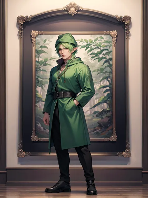 masterpiece, Green hair standing in the room、Boy with green hat, Ink Art, Style Art, Elf Boy, Full body portrait