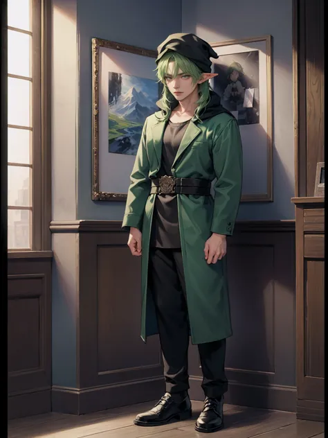 masterpiece, Green hair standing in the room、Boy with green hat, Ink Art, Style Art, Elf Boy, Full body portrait