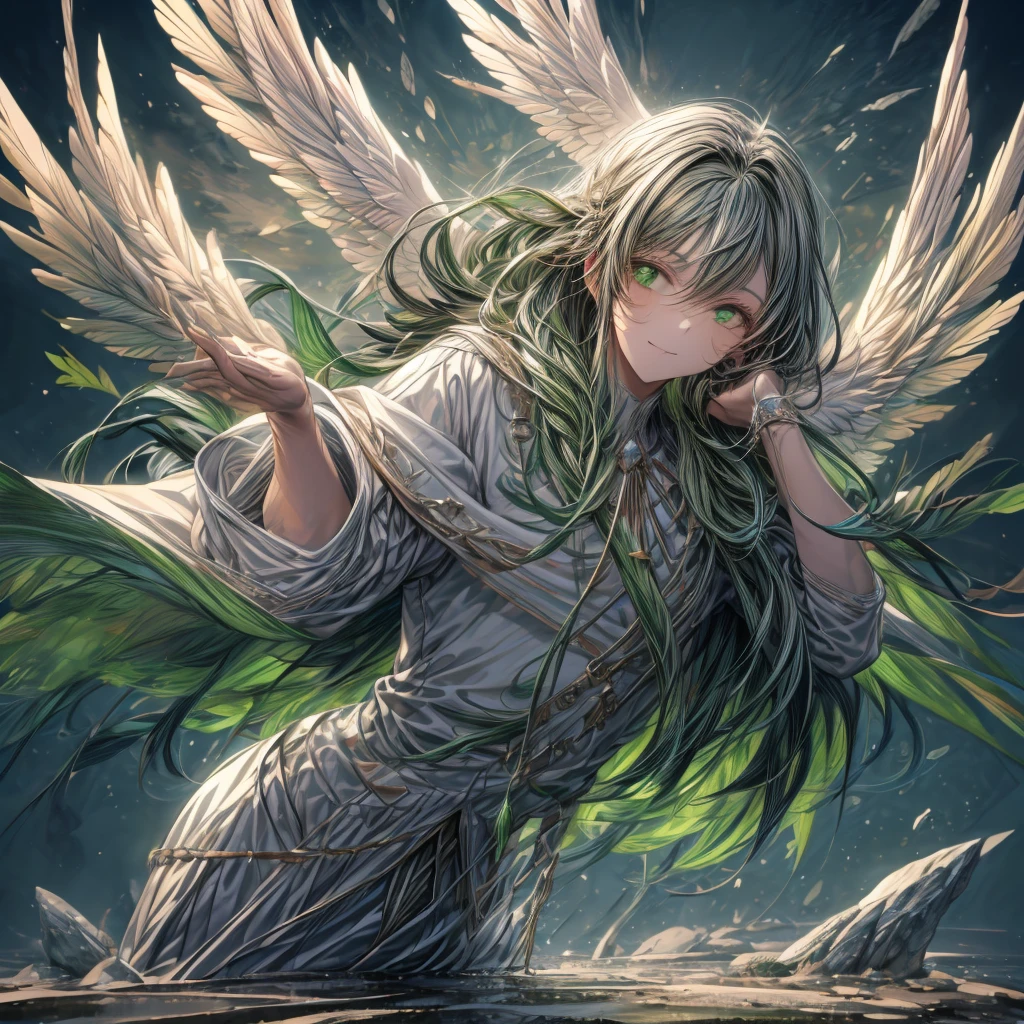 ((top-quality)), ((​masterpiece)), ((Ultra-detail)), (extremely delicate and beautiful), man with bob hair, solo, cold attitude,((king costume)),he is very(relax)with  the(Settled down)Looks,A black-haired, depth of fields,evil smile, feather, under the water, wings,bright light green eyes,Inner color with dark hair and light dark tips,Cold background, shortest Hair - Linear Art, pants、White uniform like 、Light、Clothes are sheer 、elegant pose